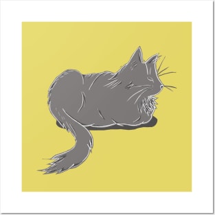 Maine Coon Cat Linocut in Yellow and Grey Posters and Art